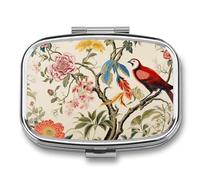 Pilulier à 2 compartiments pour sac à main ou poche en métal - Motif fleurs et oiseaux - Pour médicaments quotidiens - Pour contenir des vitamines, de l'huile de poisson