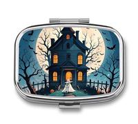 Pilulier à 2 compartiments pour sac à main ou poche en métal Motif maison hantée sorcière Halloween Boîte à médicaments carrée pour contenir des vitamines, de l'huile de poisson