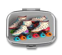 Pilulier à 2 compartiments rétro avec patins à roulettes imprimés colorés - Pilulier portable de voyage pour sac à main - Boîte à vitamines - Boîte à huile de poisson