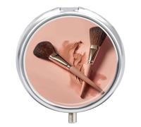 Pilulier à 2 pinceaux de maquillage, 3 compartiments, pilulier rond portable, porte-vitamines, organisateur de médicaments décoratif en métal
