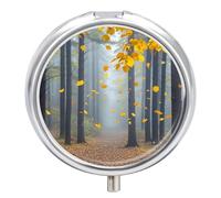 Pilulier à 3 compartiments avec feuilles d'automne volant dans la forêt brumeuse - Petit pilulier pour sac à main - Pilulier de voyage en métal - Pilulier portable pour vitamines, huile de poisson