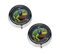 Pilulier à 3 compartiments avec imprimé caméléon mignon pour écouter de la musique, portable pour poche ou sac à main, organiseur de pilules décoratif en métal pour médicaments et vitamines, cadeau