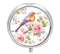 Pilulier à 3 compartiments avec imprimé floral aquarelle rouge-gorge, organiseur de pilules quotidien à 3 compartiments, petit pilulier rond, boîte à pilules de voyage en métal pour poche de sac à