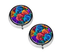 Pilulier à 3 compartiments avec imprimé roses multicolores - Portable pour poche ou sac à main - Organisateur de pilules décoratif en métal - Cadeau unique