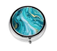 Pilulier à 3 compartiments avec miroir abstrait bleu sarcelle et bleu marbré - Petit pilulier pour sac à main et poche - Organiseur de vitamines