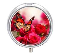 Pilulier à 3 compartiments avec miroir - Motif roses rouges et papillons - Pour poche ou sac à main - Cadeau de voyage