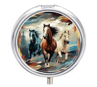 Pilulier à 3 compartiments avec motif de chevaux en arrière-plan, petit organiseur personnalisé avec miroir, pilulier portable pour poche ou sac à main, pilulier rond contenant des cadeaux de voyage