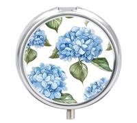 Pilulier à 3 compartiments avec motif hortensia bleu - Petit pilulier de voyage rond en métal pour sac à main