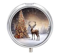 Pilulier à 3 compartiments en forme d'arbre de Noël et de renne, organiseur de pilules personnalisé avec miroir, pilulier portable pour poche ou sac à main, pilulier rond contenant des cadeaux de