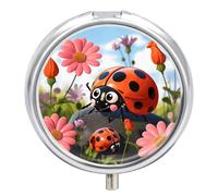 Pilulier à 3 compartiments en forme de coccinelle de dessin animé avec miroir - Pilulier portable pour poche ou sac à main - Cadeau de voyage