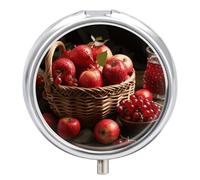 Pilulier à 3 compartiments en forme de fruits rouges dans un panier, organiseur de médicaments de voyage portable 3 x par jour, organiseur de vitamines avec miroir, petit pilulier pour sac à main et