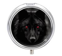 Pilulier à 3 compartiments en forme de loup aux yeux rouges noir pour sac à main ou poche, mini pilulier en métal, récipient à médicaments quotidien rond pour contenir des vitamines, de l'huile de