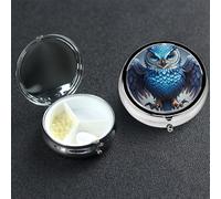 Pilulier à 3 compartiments pour poche ou sac à main - Mini pilulier en métal - Motif hibou bleu - Organiseur de vitamines - Portable - Pour contenir des suppléments et des vitamines