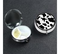Pilulier à 3 compartiments pour sac à main et poche - Motif vache noire et blanche - Joli pilulier de voyage avec miroir - Boîte à pilules de voyage ronde en métal - Cadeau unique