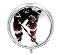 Pilulier à 3 compartiments pour sac à main ou poche - Motif hockey sur glace - En métal - Récipient à médicaments quotidien rond pour contenir des vitamines, de l'huile de poisson