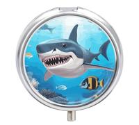 Pilulier à 3 compartiments sur le thème de l'océan requin - Petit pilulier personnalisé avec miroir - Pilulier portable pour poche ou sac à main - Cadeau de voyage