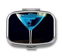 Pilulier à cocktail bleu à 2 compartiments, pilulier portable avec miroir pour poche, sac à main, voyage, mini organisateur de médicaments en métal pour vitamines, huile de poisson