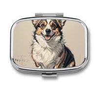 Pilulier à dessin à la main Corgi - 2 compartiments - Organiseur portable pour poche ou sac à main - Organiseur décoratif en métal pour médicaments et vitamines