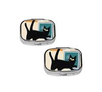 Pilulier à deux compartiments, motif chat, style art moderne du milieu du XXe siècle, format poche ou sac à main.