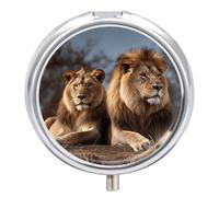 Pilulier à deux lions à 3 compartiments - Petit pilulier rond - Portable - Pilulier de voyage et conteneurs de vitamines pour supplément d'huile de poisson