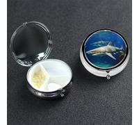 Pilulier à deux requins blancs à 3 compartiments pour sac à main ou poche, petit organisateur de médicaments avec miroir, pilulier de voyage décoratif en métal