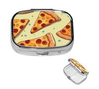 Pilulier à motif de tranches de pizza avec miroir, 2 compartiments pour sac à main ou poche, mini pilulier en métal pour voyage, hebdomadaire, médicaments, vitamines, cadeau de voyage