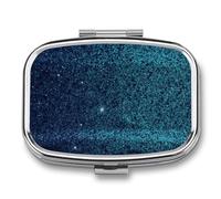 Pilulier à paillettes bleu sarcelle à 2 compartiments, pilulier portable avec miroir pour poche, sac à main, voyage, mini organisateur de médicaments en métal pour vitamines, huile de poisson