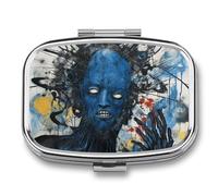 Pilulier à peinture abstraite bleue à 2 compartiments, pilulier portable avec miroir pour poche, sac à main, voyage, mini organisateur de médicaments en métal pour vitamines, huile de poisson