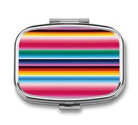 Pilulier à rayures mexicaines colorées à 2 compartiments, pilulier portable avec miroir pour poche, sac à main, voyage, mini organisateur de médicaments en métal pour vitamines, huile de poisson