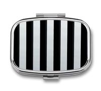 Pilulier à rayures noires et blanches à 2 compartiments, pilulier portable avec miroir pour poche, sac à main, voyage, mini organisateur de médicaments en métal pour vitamines, huile de poisson