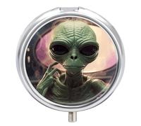 Pilulier Alien Smoke à 3 compartiments - 3 fois par jour - Joli mini pilulier pour sac à main et poche - Boîte à médicaments portable en métal avec miroir - Récipient rond pour médicaments quotidiens