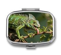 Pilulier alimentaire en forme d'iguane vert à 2 compartiments carré en métal - Mini étui de voyage portable avec miroir - Joli récipient à médicaments pour sac à main de poche