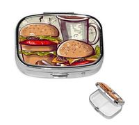 Pilulier amusant à 2 compartiments pour hamburgers et tasses - Pilulier carré portable pour poche ou sac à main - Petit planificateur hebdomadaire de médicaments - Pilulier de voyage avec miroir