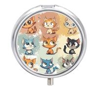 Pilulier amusant en forme de chat à 3 compartiments - 3 fois par jour - Joli mini pilulier pour sac à main et poche - Boîte à médicaments portable en métal avec miroir - Récipient rond pour