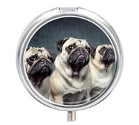 Pilulier amusant en forme de chien carlin - 3 compartiments - Petit pilulier quotidien - Pilulier de voyage rond en métal pour sac à main