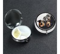 Pilulier amusant en forme de chiot à 3 compartiments rond portable pour poche ou sac à main, petit planificateur de médicaments hebdomadaire, pilulier de voyage avec miroir décoratif en métal et