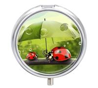 Pilulier amusant en forme de coccinelle tenant des parapluies - 3 compartiments - Étanche - Avec miroir - Récipient rond en métal - Boîte à médicaments portable pour poche et sac à main de voyage