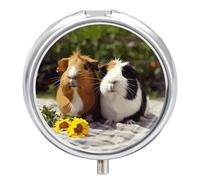 Pilulier amusant en forme de cochon d'Inde à 3 compartiments - 3 fois par jour - Joli mini pilulier pour sac à main et poche - Boîte à médicaments portable en métal avec miroir rond - Récipient à