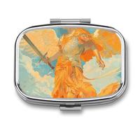 Pilulier Angel Holding Sword - 2 compartiments - Pilulier de voyage avec miroir carré en métal - Planificateur hebdomadaire de médicaments - Organiseur de vitamines pour poche