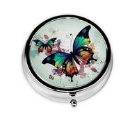 Pilulier artistique imprimé papillon 3 compartiments rond en métal étanche portable pour poche ou sac à main vitamine/huile de poisson/pilules/compléments