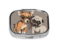 Pilulier avec 2 compartiments pour chihuahua, bouledogue mignon, carlin, animal domestique, chiot, beige, boîte à médicaments, organiseur portable