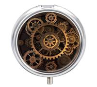 Pilulier avec miroir 3 compartiments - Petit organisateur de médicaments pour sac à main ou engrenages de poche - Bronze - Boîte à médicaments ronde siècle ou vitamines, huile de poisson, suppléments