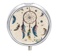 Pilulier avec miroir 3 compartiments - Petit organisateur de médicaments pour sac à main ou poche - Attrape-rêves et lune - Boîte à médicaments ronde ou vitamines, huile de poisson, compléments
