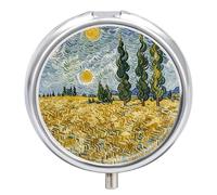 Pilulier avec miroir, 3 compartiments, petit organisateur de médicaments pour sac à main ou poche, champs de blé et cyprès, boîte à médicaments ronde ou vitamines, huile de poisson, compléments