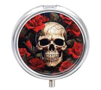Pilulier avec miroir - 3 compartiments - Petit organisateur de médicaments pour sac à main ou poche - Motif tête de mort - Rose rouge - Boîte à médicaments ronde ou vitamines, huile de poisson