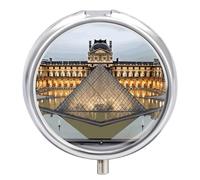 Pilulier avec miroir 3 compartiments - Petit organisateur de médicaments pour sac à main ou poche musée du Louvre à Paris - Boîte à médicaments ronde ou vitamines, huile de poisson, compléments