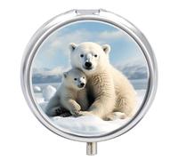Pilulier avec miroir, 3 compartiments, petit organisateur de médicaments pour sac à main ou poche, ours polaire mignon, boîte à médicaments ronde ou vitamines, huile de poisson, compléments, cadeaux