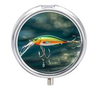 Pilulier avec miroir 3 compartiments - Petit organisateur de médicaments pour sac à main ou poche - Style leurre de pêche - Boîte à médicaments ronde ou vitamines, huile de poisson, suppléments