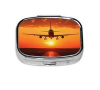 Pilulier avec miroir à 2 compartiments en forme d'avion et coucher de soleil - Petit pilulier pour sac à main ou poche - En métal - Pour voyage, médicaments, comprimés et vitamines - Cadeau de voyage