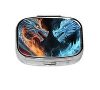 Pilulier avec miroir à 2 compartiments Motif dragons de glace et de feu Petit pilulier pour sac à main ou poche Mini pilulier en métal pour voyage, médicaments, comprimés et vitamines, cadeau de